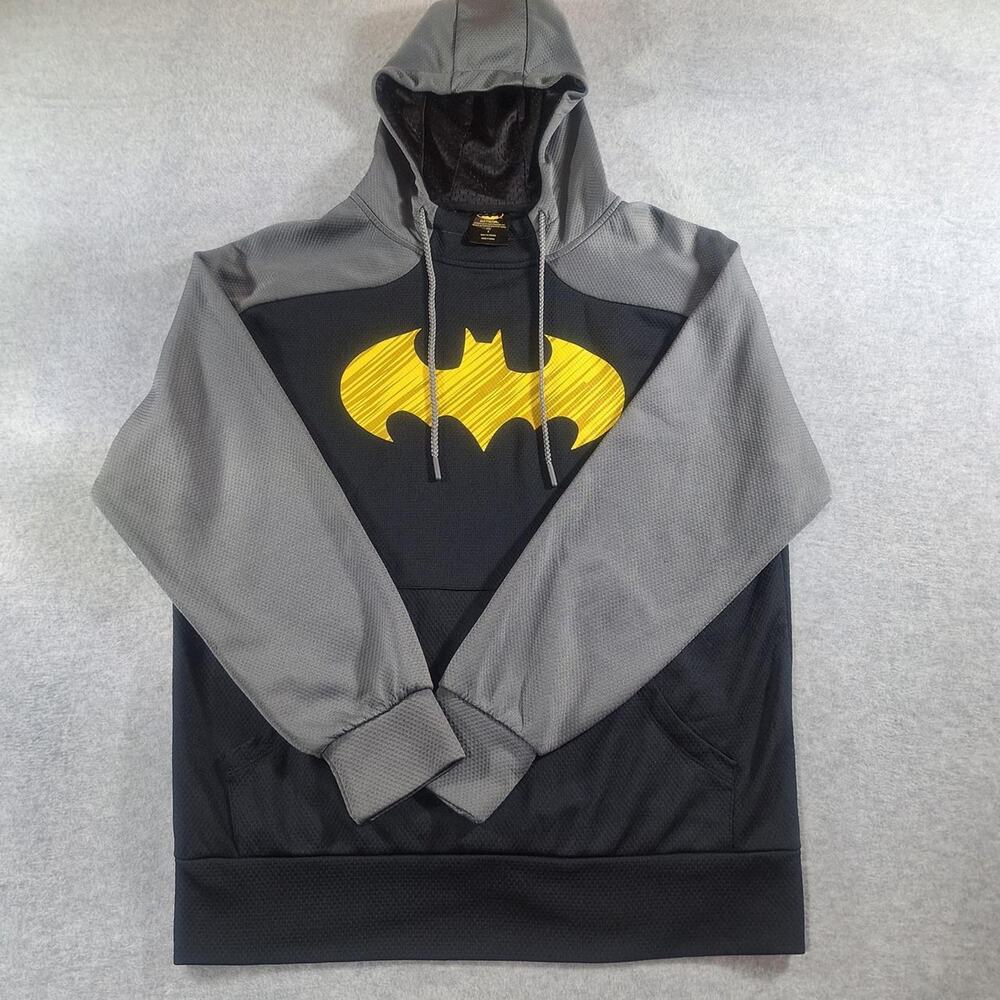 DC Comics Batman Logo Hoodie Mens Size Small Gray Black Mesh Pullover Sweatshirt